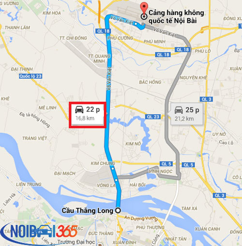 Bản đồ đường đi sân bay Nội Bài qua cầu Thăng Long