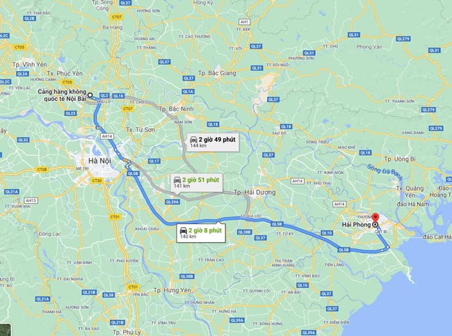 Đường đi từ sân bay Nội Bài về Hải Phòng bao nhiêu Km