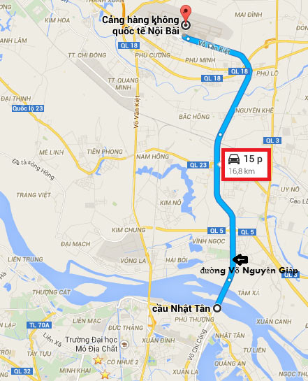 Hướng đi qua Cầu Nhật Tân - đường Võ Nguyên Giáp - Nội Bài